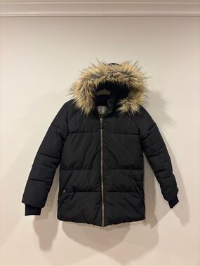 Deux par Deux Black Puffer Winter Jacket Coat Fleece Lined Fur Hood Zip Kids 12
